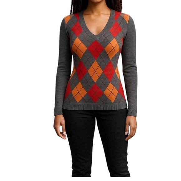 J. Crew Women's S Gray Orange Argyle V Neck Wool Blend Long Sleeve Sweater - Picture 1 of 11